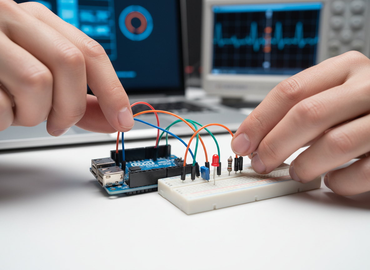 Photographic, well-lit close-up of hands working on an Arduino microcontroller board with colorful jumper wires and small electronic components on a clean white workbench